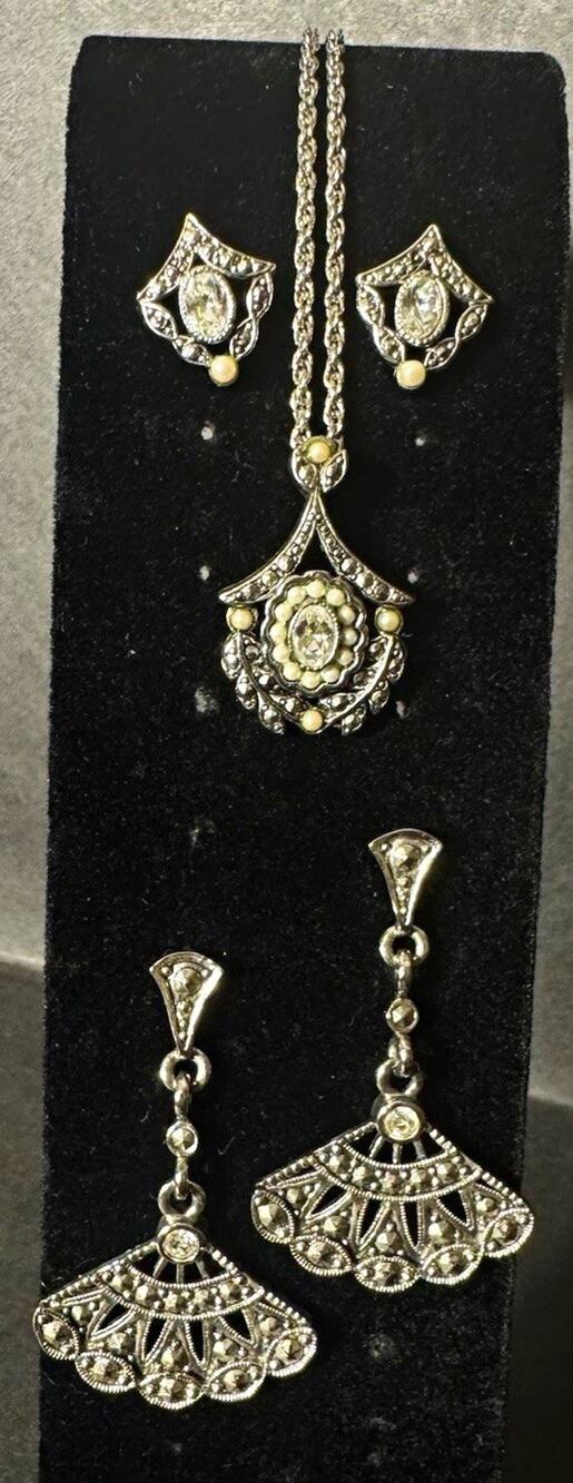Vtg 1990 Avon Classic Drama Necklace & 2 Pairs Earrings Set Marcasite Pearl Deco